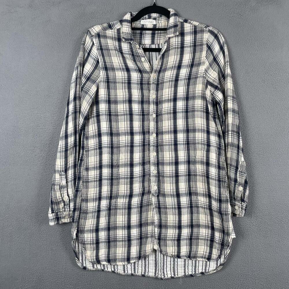Free People CP Shades Shirt Womens XS Blue Ivory Plaid Button Up Tunic Made USA